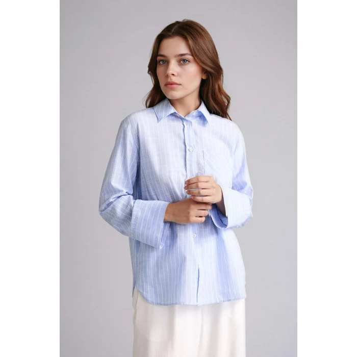 Defacto F6314AXBE194 Mavi Relax Fıt Çizgili Flamlı Pamuk Tunik