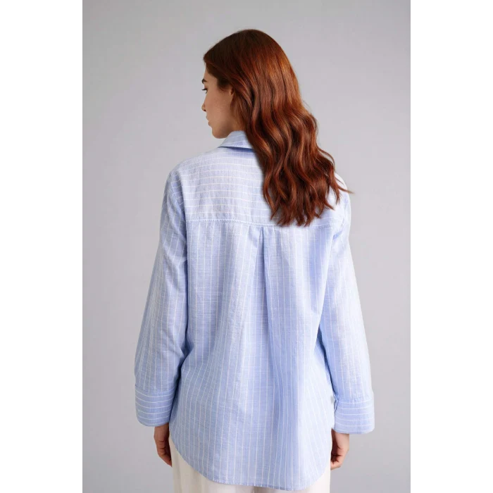 Defacto F6314AXBE194 Mavi Relax Fıt Çizgili Flamlı Pamuk Tunik