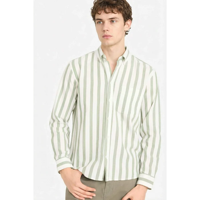 Defacto D6114AXGN460 Yeşil %100 Pamuk Çizgili Gömlek