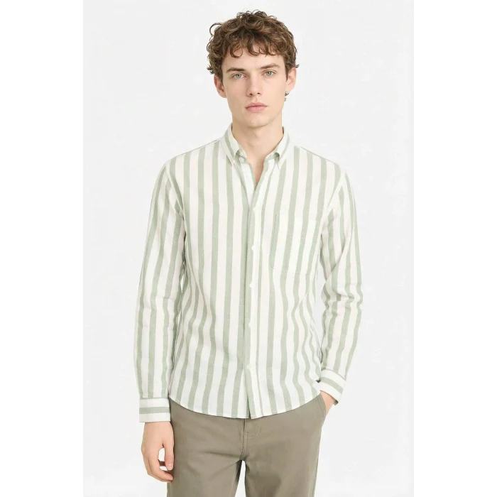 Defacto D6114AXGN460 Yeşil %100 Pamuk Çizgili Gömlek