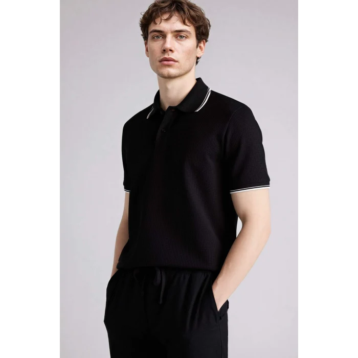 Defacto D7932AXBK81 Siyah Regular Fıt Polo Yaka Waffle Kısa Kollu Polo Tişört