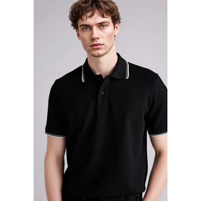 Defacto D7932AXBK81 Siyah Regular Fıt Polo Yaka Waffle Kısa Kollu Polo Tişört