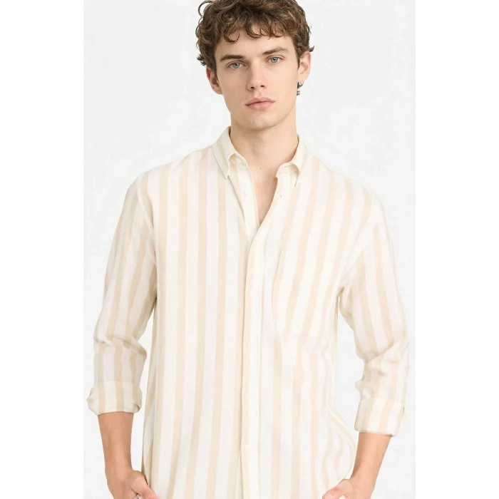 Defacto D6114AXBG815 Bej %100 Pamuk Çizgili Gömlek