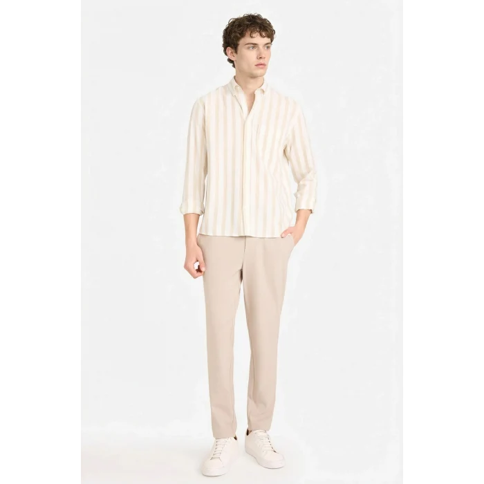 Defacto D6114AXBG815 Bej %100 Pamuk Çizgili Gömlek