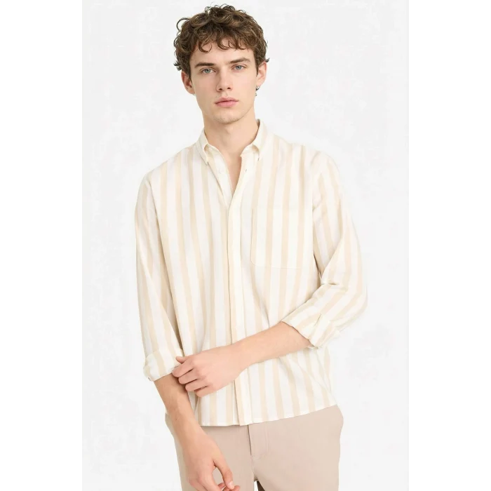 Defacto D6114AXBG815 Bej %100 Pamuk Çizgili Gömlek