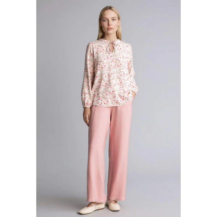 Defacto N1809AZBR327 Bordo Regular Fıt Bisiklet Yaka Baskılı Uzun Kollu Bluz