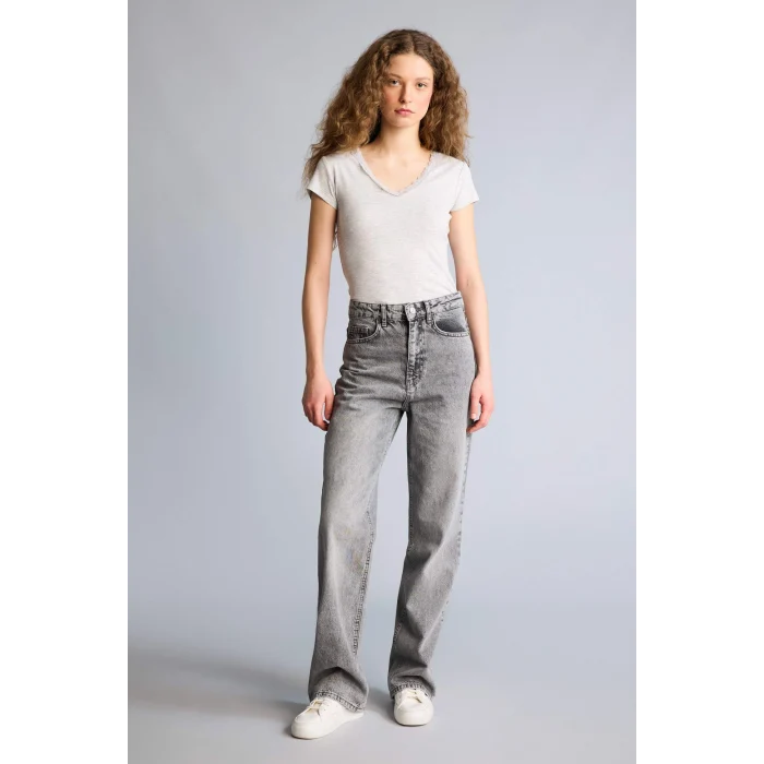 Defacto H1786AXGR256 Gri Fıtted Dantel Yaka Ribana Tişört