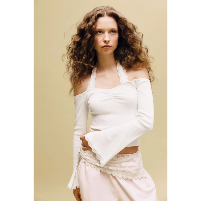 Defacto G9831AXWT32 Beyaz Fıtted Halter Yaka Fitilli Kaşkorse Tişört