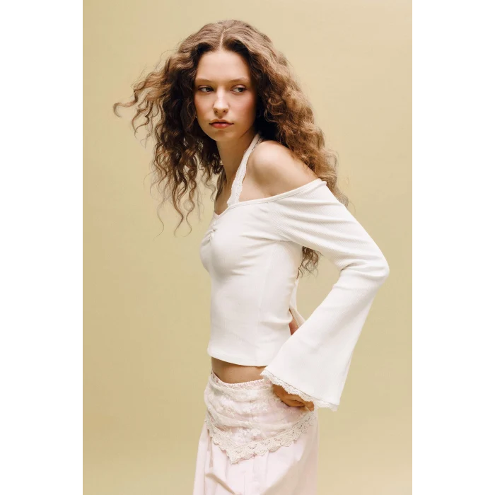 Defacto G9831AXWT32 Beyaz Fıtted Halter Yaka Fitilli Kaşkorse Tişört