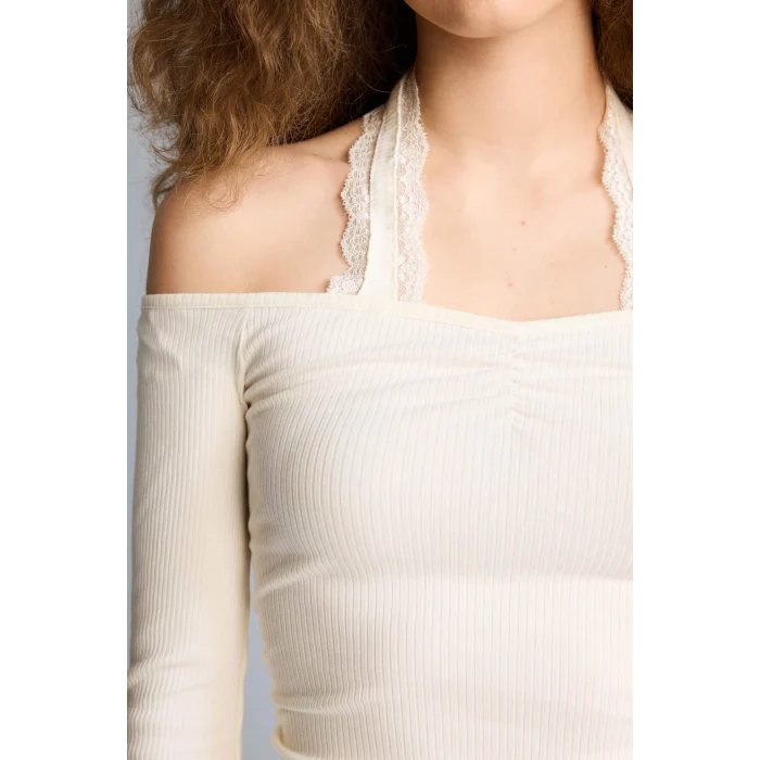 Defacto G9831AXWT32 Beyaz Fıtted Halter Yaka Fitilli Kaşkorse Tişört
