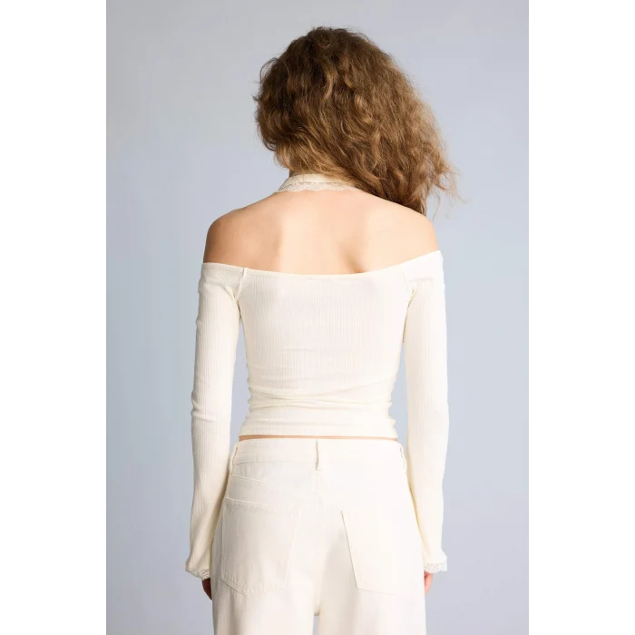 Defacto G9831AXWT32 Beyaz Fıtted Halter Yaka Fitilli Kaşkorse Tişört