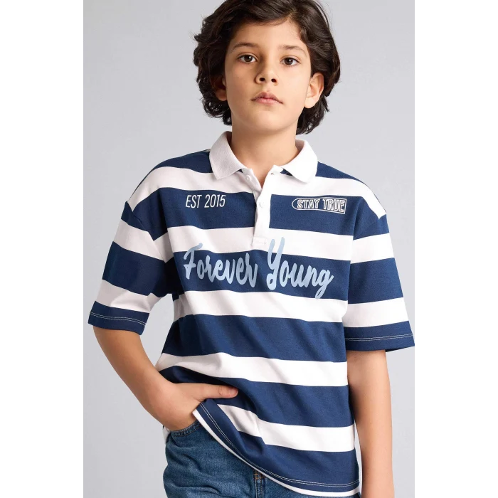 Defacto H0915A8NV256 Lacivert Çizgili Oversıze Polo Tişört Erkek Çocuk