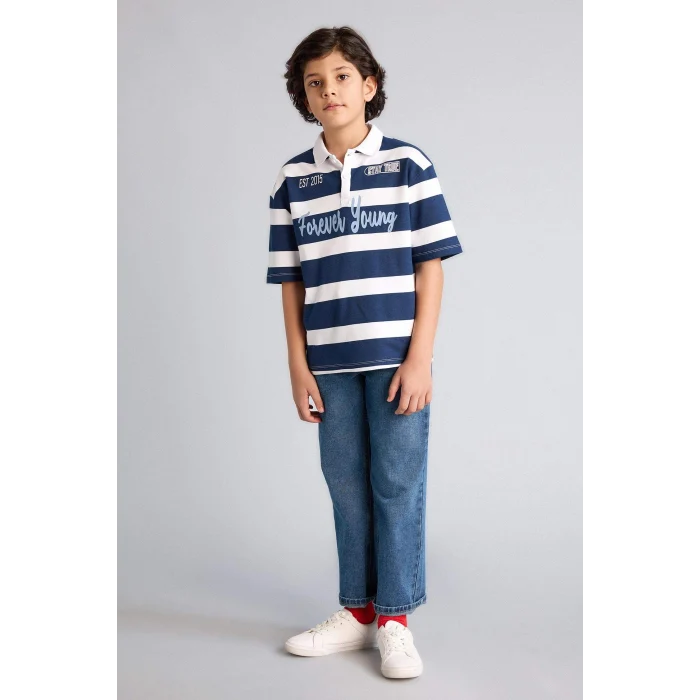 Defacto H0915A8NV256 Lacivert Çizgili Oversıze Polo Tişört Erkek Çocuk