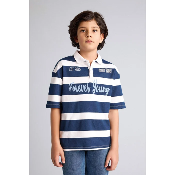 Defacto H0915A8NV256 Lacivert Çizgili Oversıze Polo Tişört Erkek Çocuk