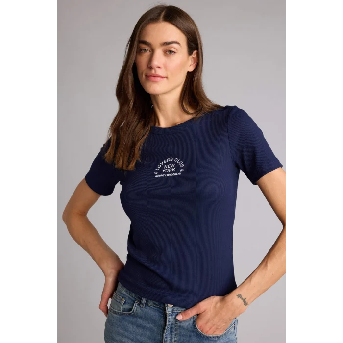 Defacto H1389AXNV251 Lacivert Slım Fıt Nakışlı Fitilli Kaşkorse Tişört