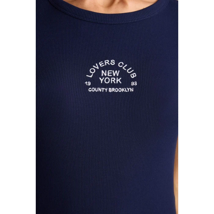 Defacto H1389AXNV251 Lacivert Slım Fıt Nakışlı Fitilli Kaşkorse Tişört