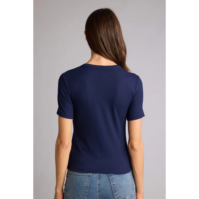 Defacto H1389AXNV251 Lacivert Slım Fıt Nakışlı Fitilli Kaşkorse Tişört