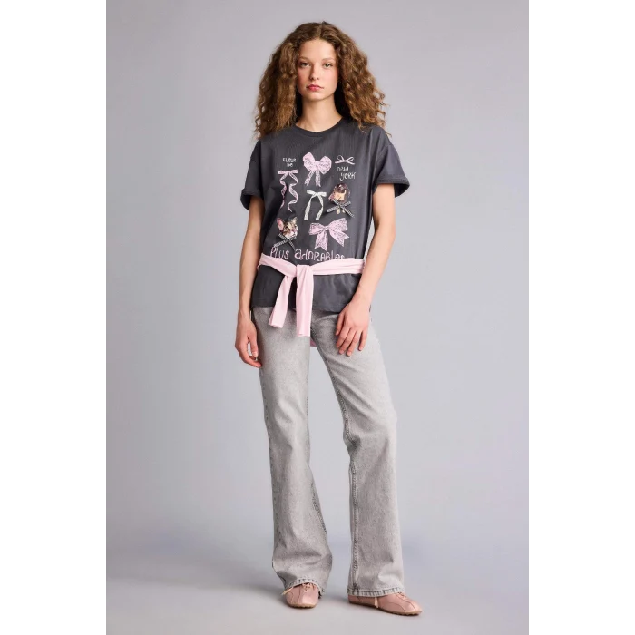 Defacto H5772AXAR191 Antrasit Oversıze Bisiklet Yaka Baskılı Kısa Kollu Tişört