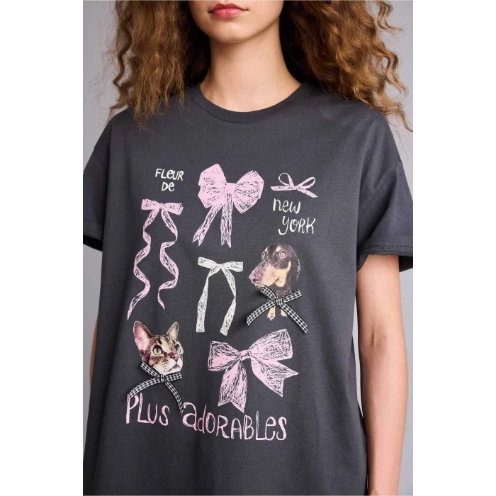 Defacto H5772AXAR191 Antrasit Oversıze Bisiklet Yaka Baskılı Kısa Kollu Tişört