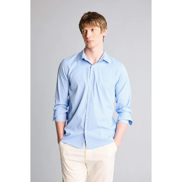 Defacto H3072AXBE302 Mavi Slım Fıt Çizgili Poplin Gömlek