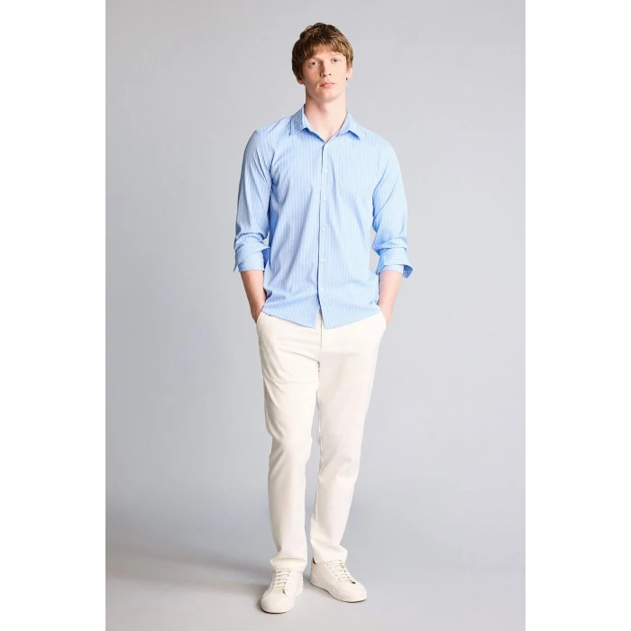 Defacto H3072AXBE302 Mavi Slım Fıt Çizgili Poplin Gömlek