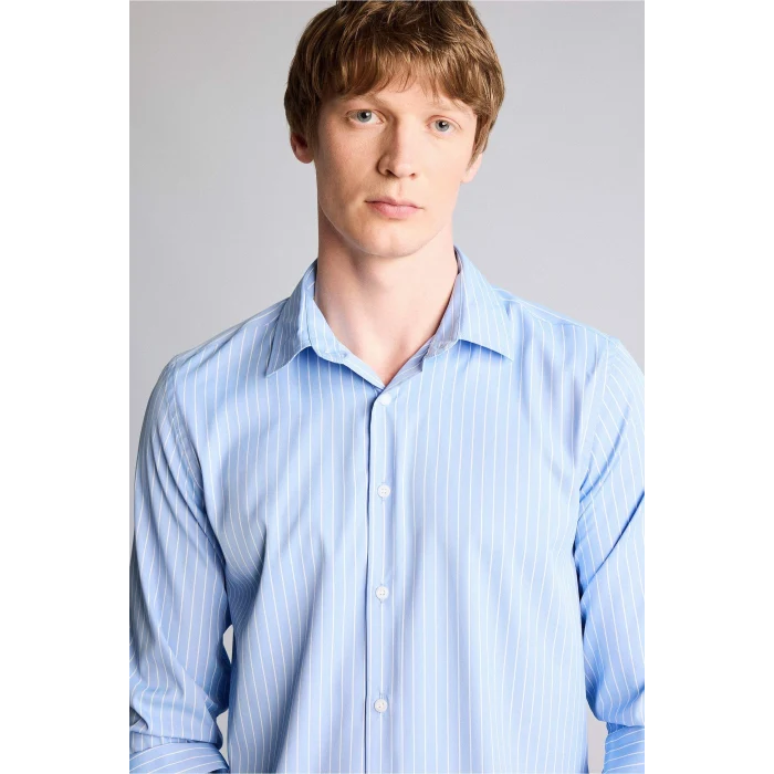 Defacto H3072AXBE302 Mavi Slım Fıt Çizgili Poplin Gömlek