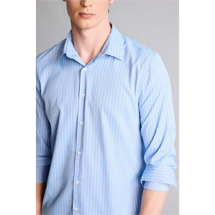 Defacto H3072AXBE302 Mavi Slım Fıt Çizgili Poplin Gömlek