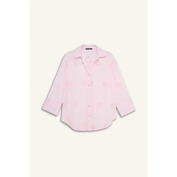 Defacto B5419AXPN671 Pembe Oversıze Gömlek Yaka Brode Uzun Kollu Gömlek