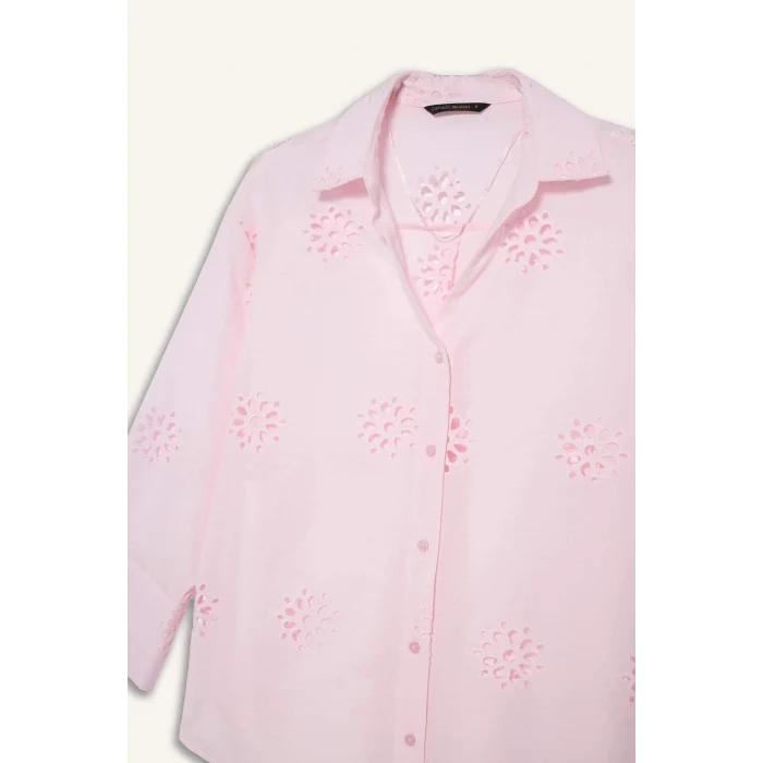 Defacto B5419AXPN671 Pembe Oversıze Gömlek Yaka Brode Uzun Kollu Gömlek