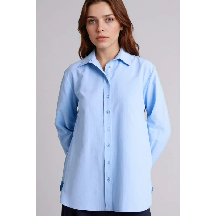 Defacto D7341AXBE745 Mavi Relax Fıt Gömlek Yaka Poplin Tunik