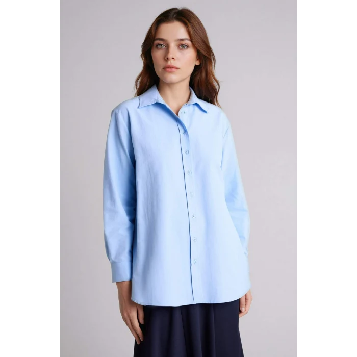 Defacto D7341AXBE745 Mavi Relax Fıt Gömlek Yaka Poplin Tunik