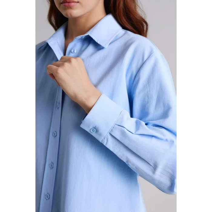 Defacto D7341AXBE745 Mavi Relax Fıt Gömlek Yaka Poplin Tunik