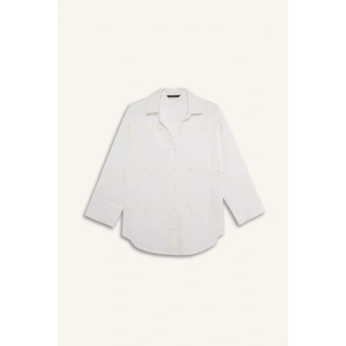 Defacto B5419AXWT18 Beyaz Oversıze Gömlek Yaka Brode Uzun Kollu Gömlek