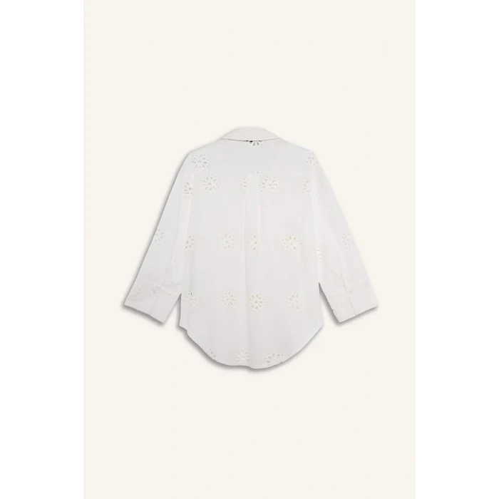 Defacto B5419AXWT18 Beyaz Oversıze Gömlek Yaka Brode Uzun Kollu Gömlek