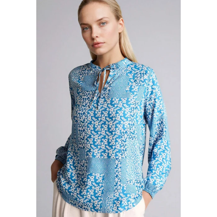 Defacto N1809AZIN201 İndigo Regular Fıt Bisiklet Yaka Baskılı Uzun Kollu Bluz