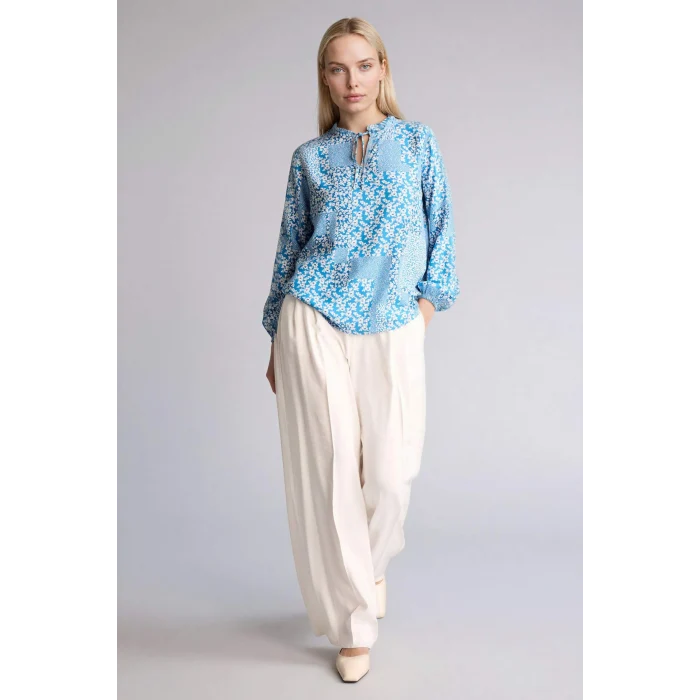 Defacto N1809AZIN201 İndigo Regular Fıt Bisiklet Yaka Baskılı Uzun Kollu Bluz