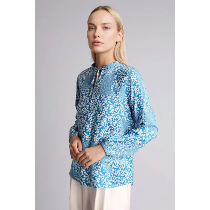 Defacto N1809AZIN201 İndigo Regular Fıt Bisiklet Yaka Baskılı Uzun Kollu Bluz