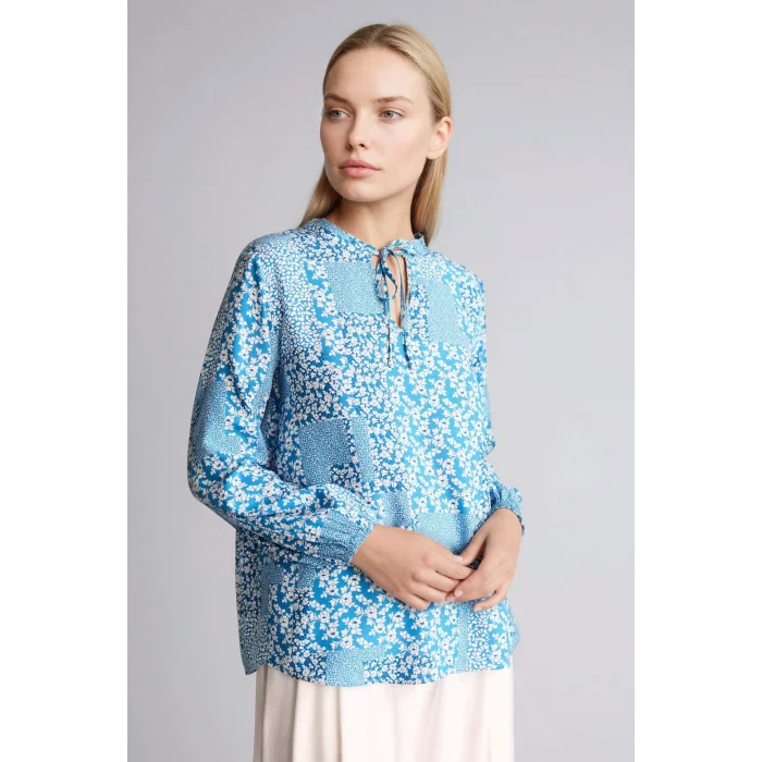 Defacto N1809AZIN201 İndigo Regular Fıt Bisiklet Yaka Baskılı Uzun Kollu Bluz