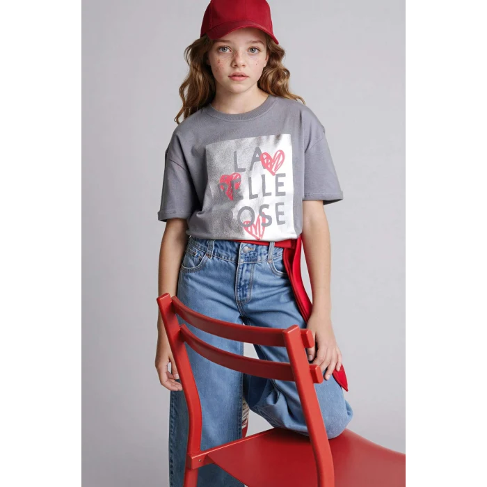 Defacto G1768A8GR211 Gri Baskılı Tişört Kız Çocuk