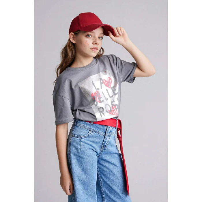 Defacto G1768A8GR211 Gri Baskılı Tişört Kız Çocuk