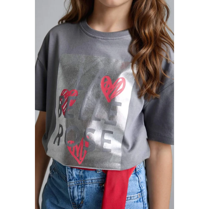 Defacto G1768A8GR211 Gri Baskılı Tişört Kız Çocuk