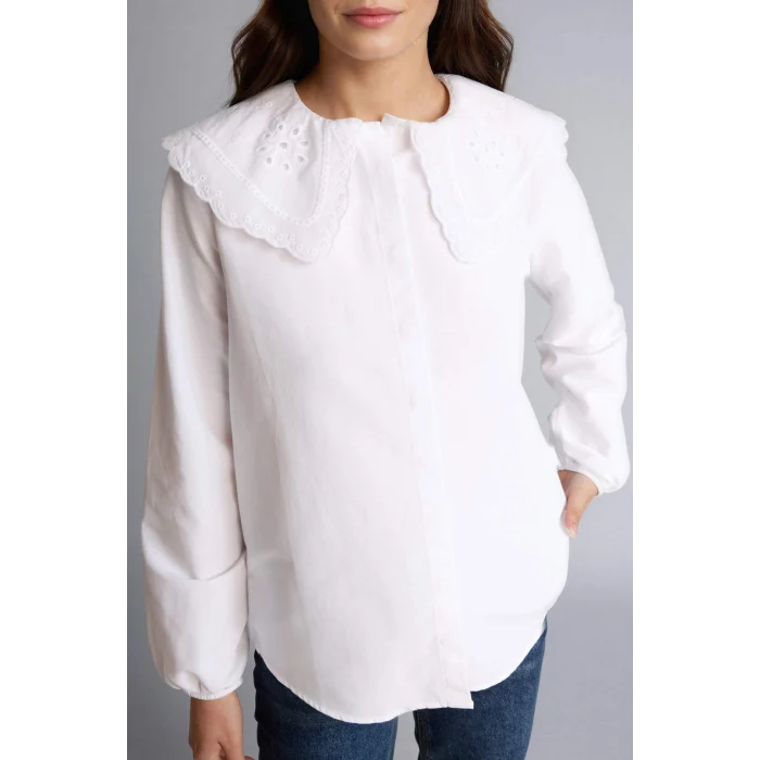 Defacto H0281AXWT32 Beyaz Regular Fıt Poplin Uzun Kollu Tunik