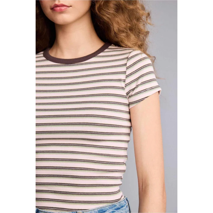 Defacto G2231AXPN74 Pembe Fıtted Bisiklet Yaka Ribana Kısa Kollu Tişört