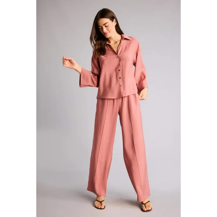 Defacto E9007AXBR154 Bordo Loose Fıt Gömlek Yaka Tencel Uzun Kollu Gömlek