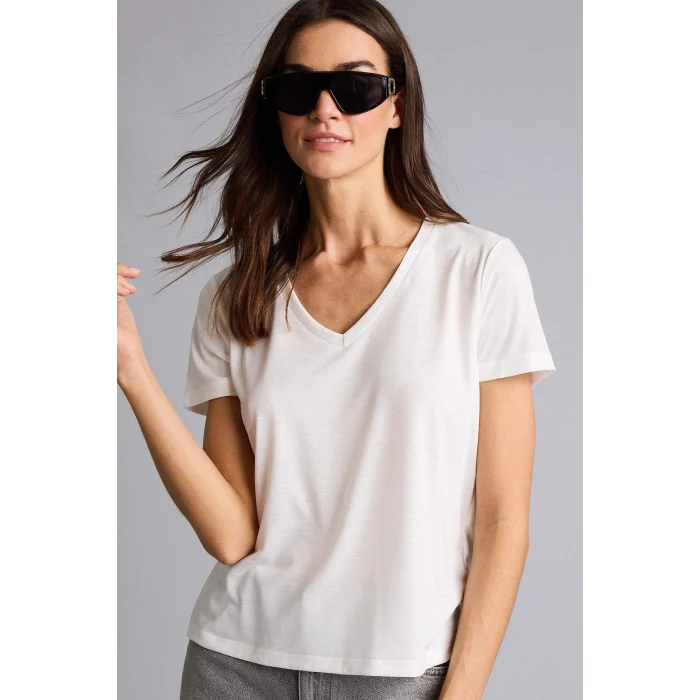 Defacto W9204AZER105 Ekru Regular Fıt V Yaka Basıc Düz Kısa Kollu Tişört