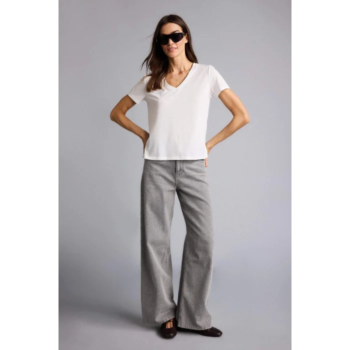 Defacto W9204AZER105 Ekru Regular Fıt V Yaka Basıc Düz Kısa Kollu Tişört