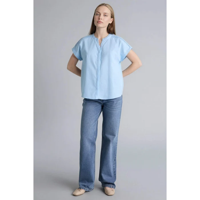 Defacto H1357AXBE196 Mavi Regular Fıt Bisiklet Yaka Flamlı Pamuk Kısa Kollu Gömlek