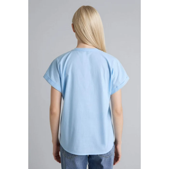 Defacto H1357AXBE196 Mavi Regular Fıt Bisiklet Yaka Flamlı Pamuk Kısa Kollu Gömlek