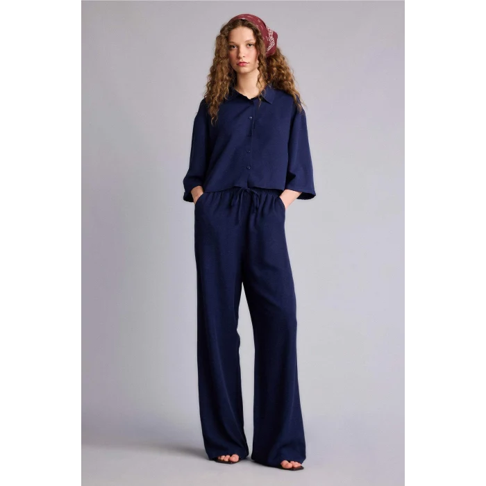 Defacto F5024AXNV31 Lacivert Wıde Leg Cepli Yüksek Bel Standart Boy Keten Karışımlı Pantolon