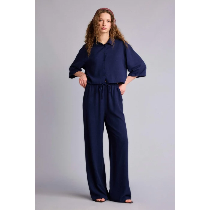 Defacto F5024AXNV31 Lacivert Wıde Leg Cepli Yüksek Bel Standart Boy Keten Karışımlı Pantolon